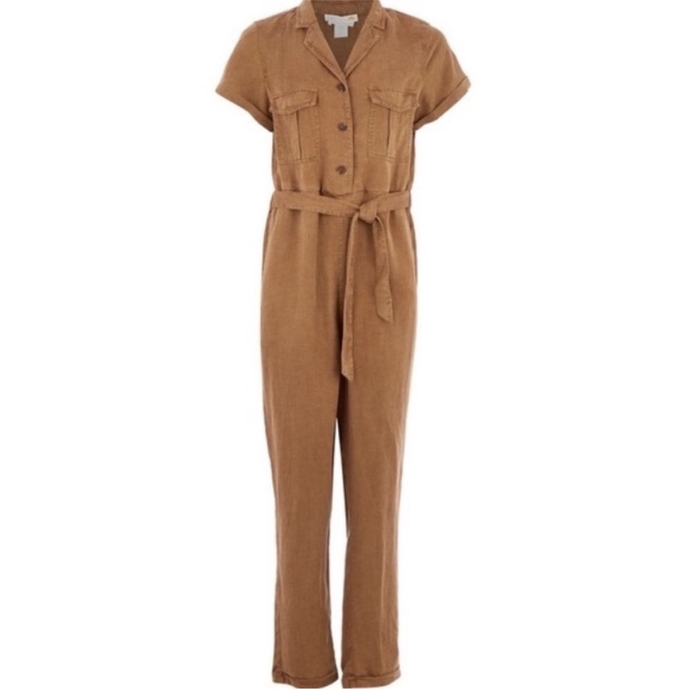 C&C California linen blend short sleeve jumpsuit tan brown size XL